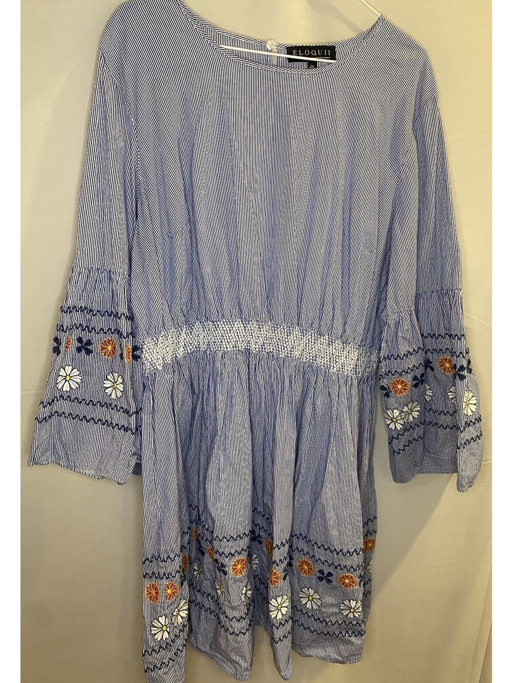 Eloquii Dress Size 22 Blue Boho Floral Plus Embroidered Cottagecore Smocked